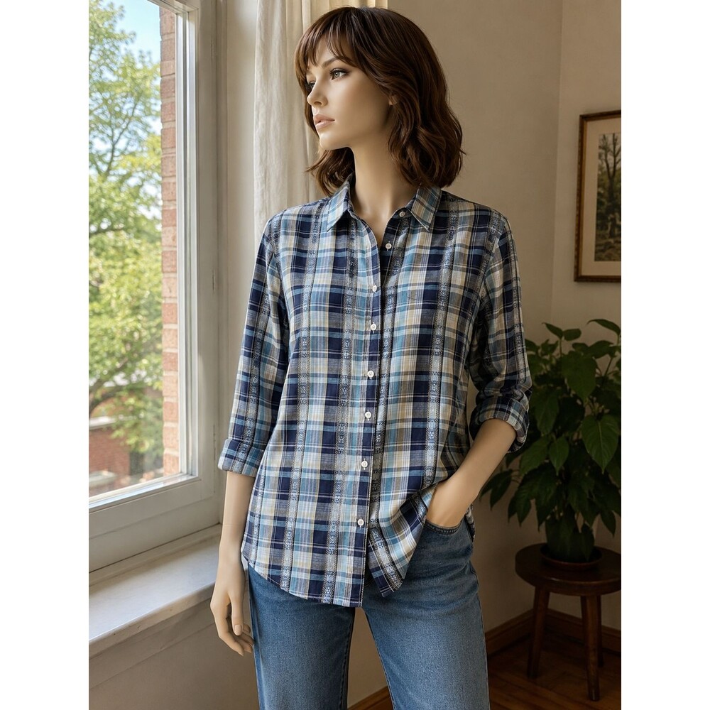 COMPANY ONE Woman 1X Blue Plaid Button Down Sleeve Cotton 3/4 Shirt Top